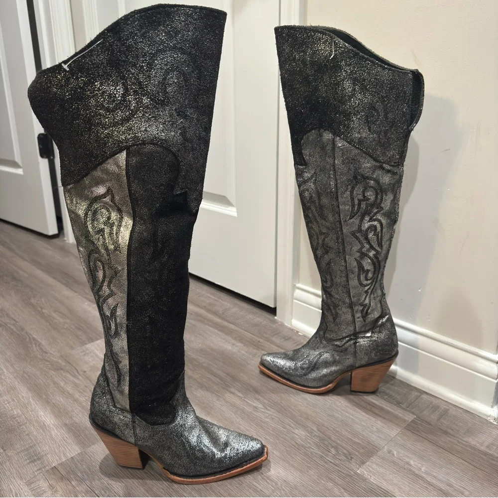 Corral Boots Metallic Tall OTK Silver Black Suede Leather Western Boots Z5245